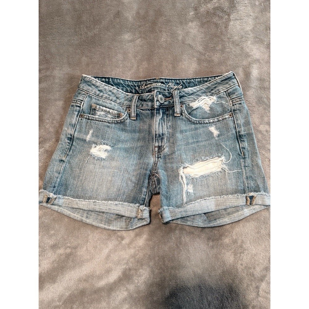 American Eagle Women's Size 0 Distressed Denim Shorts Y2K Style Rolled Cuff Blue